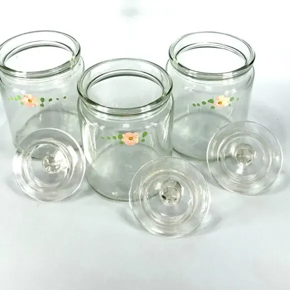 Set 3 Vintage Glass Apothecary Storage Jars 5" Painted Pink Flowers Cottage - Picture 4 of 8